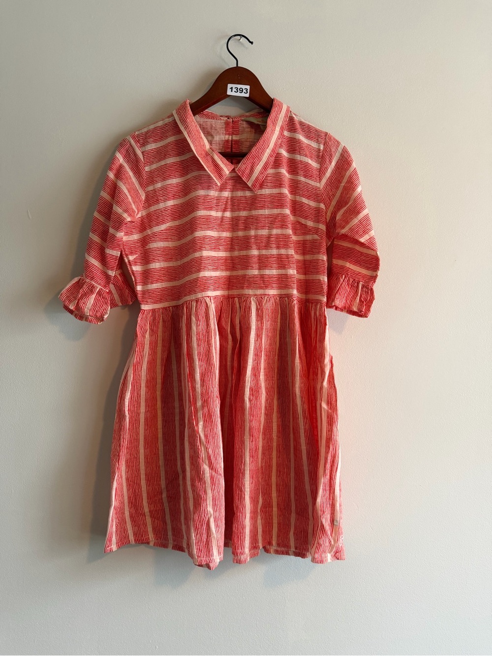 Anouk Red & Cream Striped Linen Ruffle Sleeve Babydoll Dress – Size M